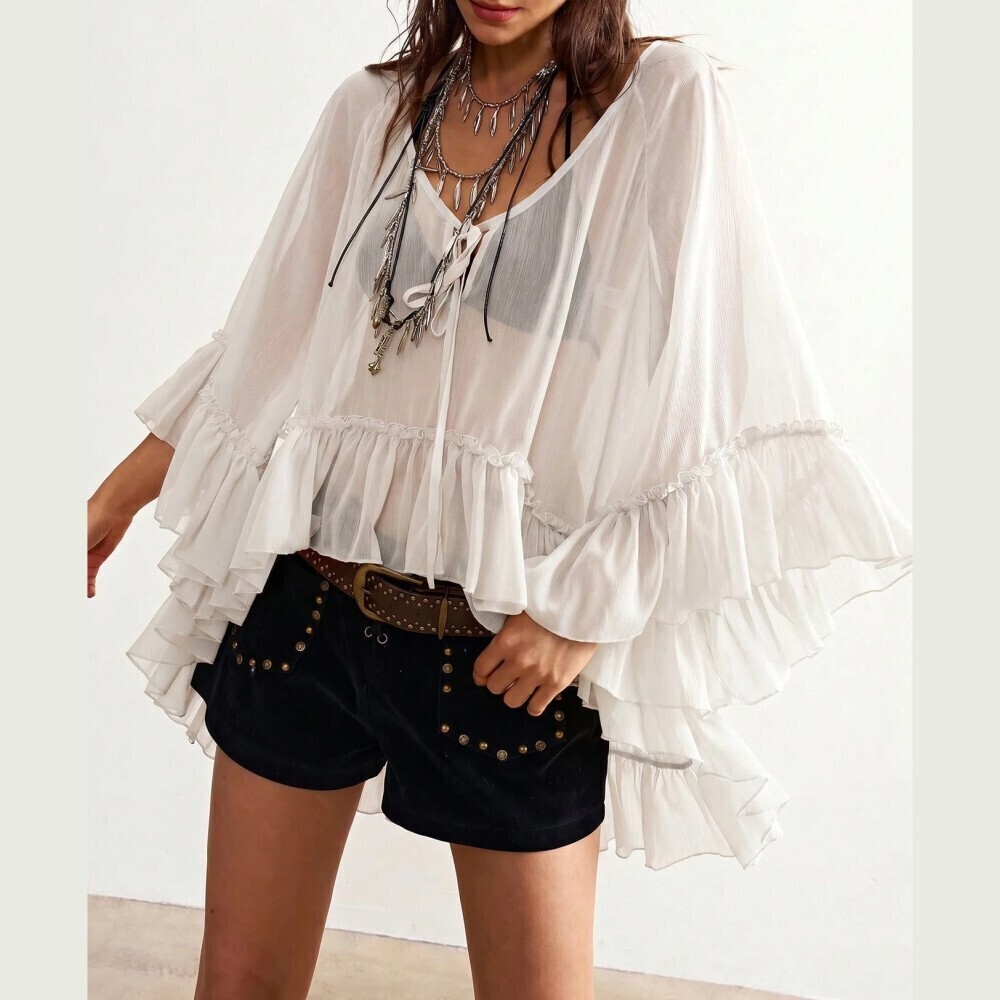 White Sheer Chiffon Tie Neck Ruffled Bell Sleeve Oversized Blouse